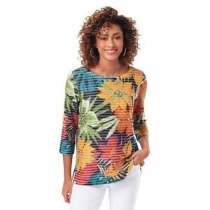 Multiples Colorful Floral Textured 3/4 Sleeve Round Neck Pullover Blouse Size M